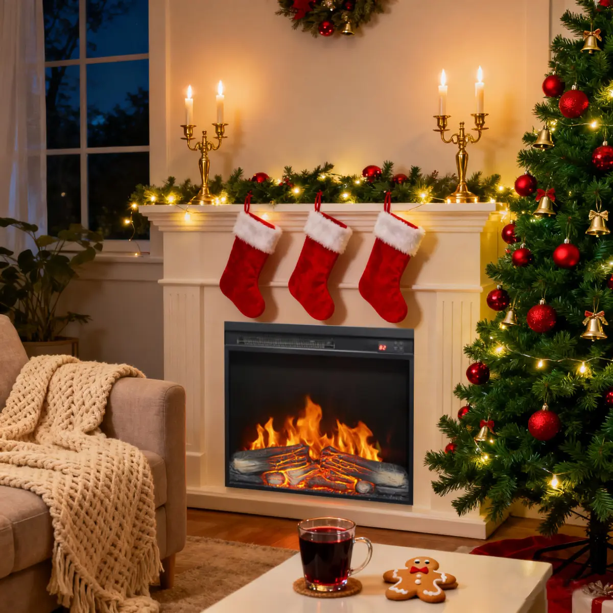 23 inch electric fireplace insert, ultra thin heater with log set & realistic flame, remote control with timer, overheating protection