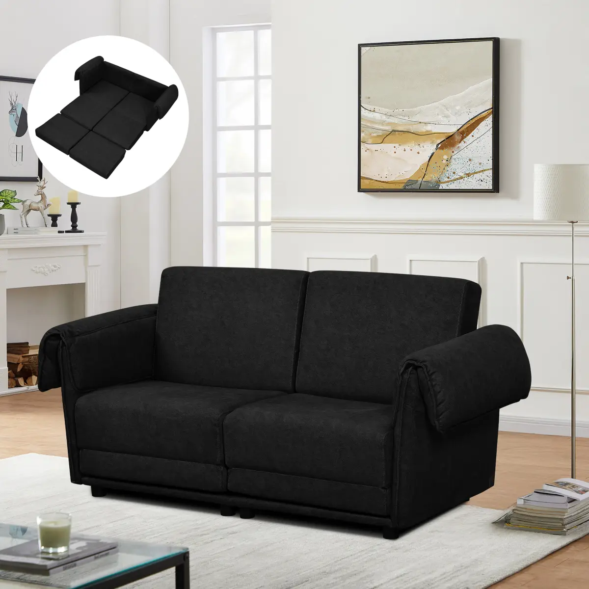 Aobtkel Loveseat Sofa - Comfy Textured Fabric Cloud Sectional Couch, Pull-Line Tufted Modern U/L Shaped Modular Sofa with Reinforced Frame, Black On-Site