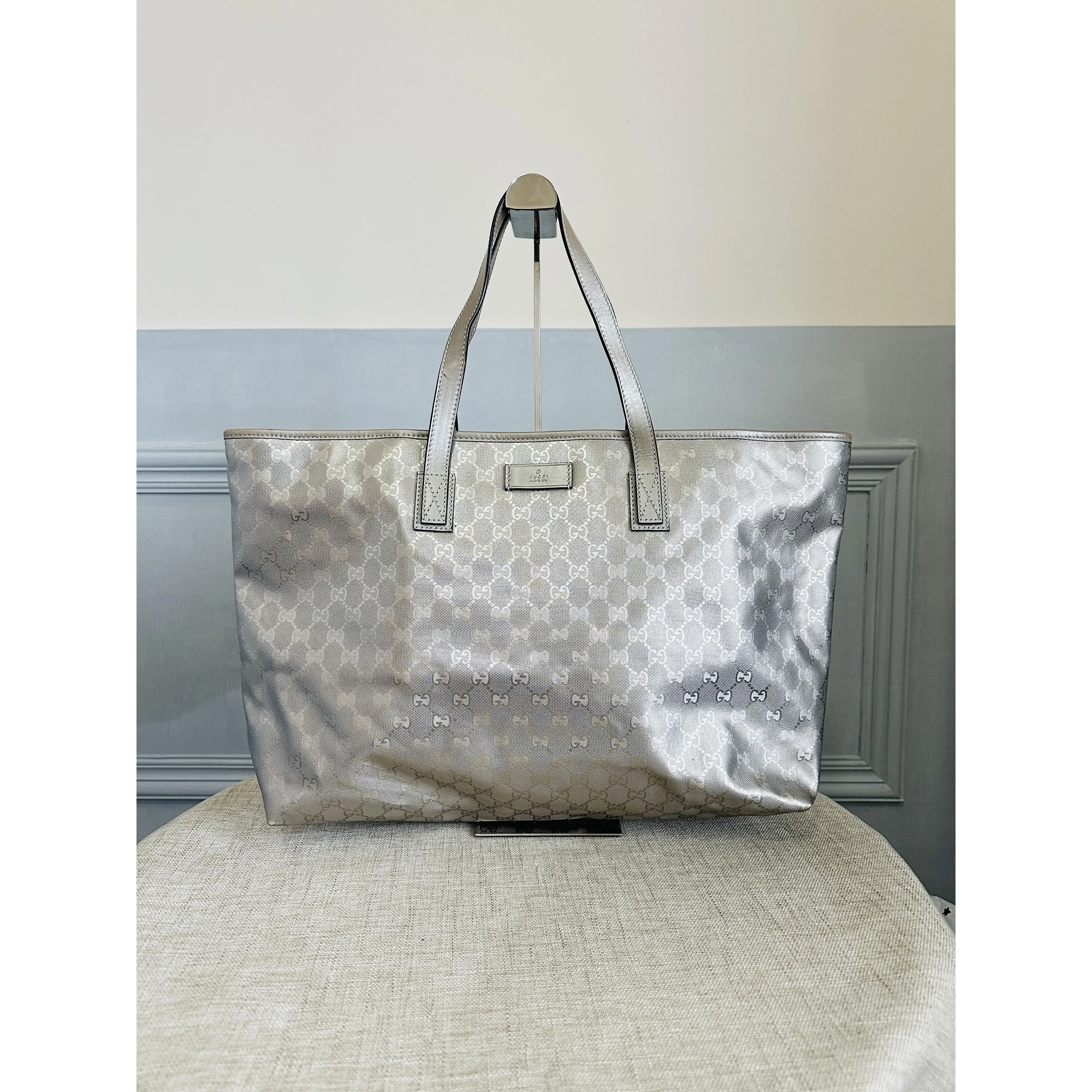Pre-owned GUCCI Silver GG Monogram Canvas Large Tote Shoulder Bag