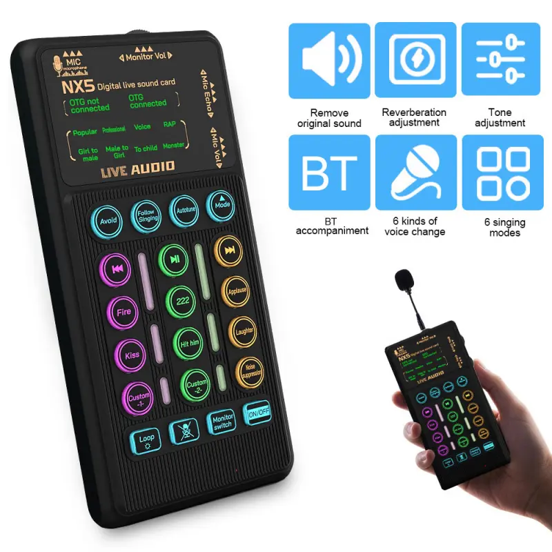 Portable microphone kit, audio mixer, Live audio mixer, handheld plug-in sound card device, voice changer and noise reduction, for podcasting, broadcasting, daily life, recording, gaming with family and friends, suitable for mobile phones, comp
