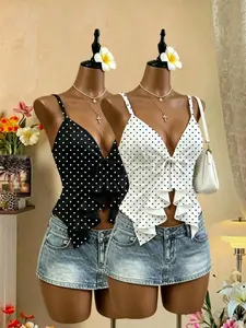 Polka Dot Thin Strap Tank Top, Sexy Split Hem Ruffle Bottom, Slimming Vacation Outerwear, Elegant Summer Fashion