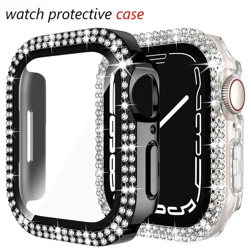 Bling Diamond Apple Watch Case with Tempered Glass Screen Protector, Full Protective Shockproof Bumper Cover for iWatch Series 3-9 & SE 38mm 40mm 41mm 42mm 44mm 45mm