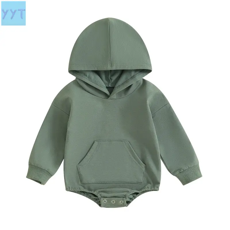 YYT1  Baby Onesie Newborn Boy Girl Hooded Romper Long Sleeve Front Pocket Solid Color Bodysuit Infant Fall Winter  Romper