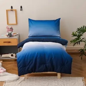 Toddler Comforter Set Graident Blue White Boys Kids Boho Bedding Set Bed Set for Dorm 4 Pieces (1 Comforter, 1 Flat Sheet, 1 Fitted Sheet, 1 Pillowcase)