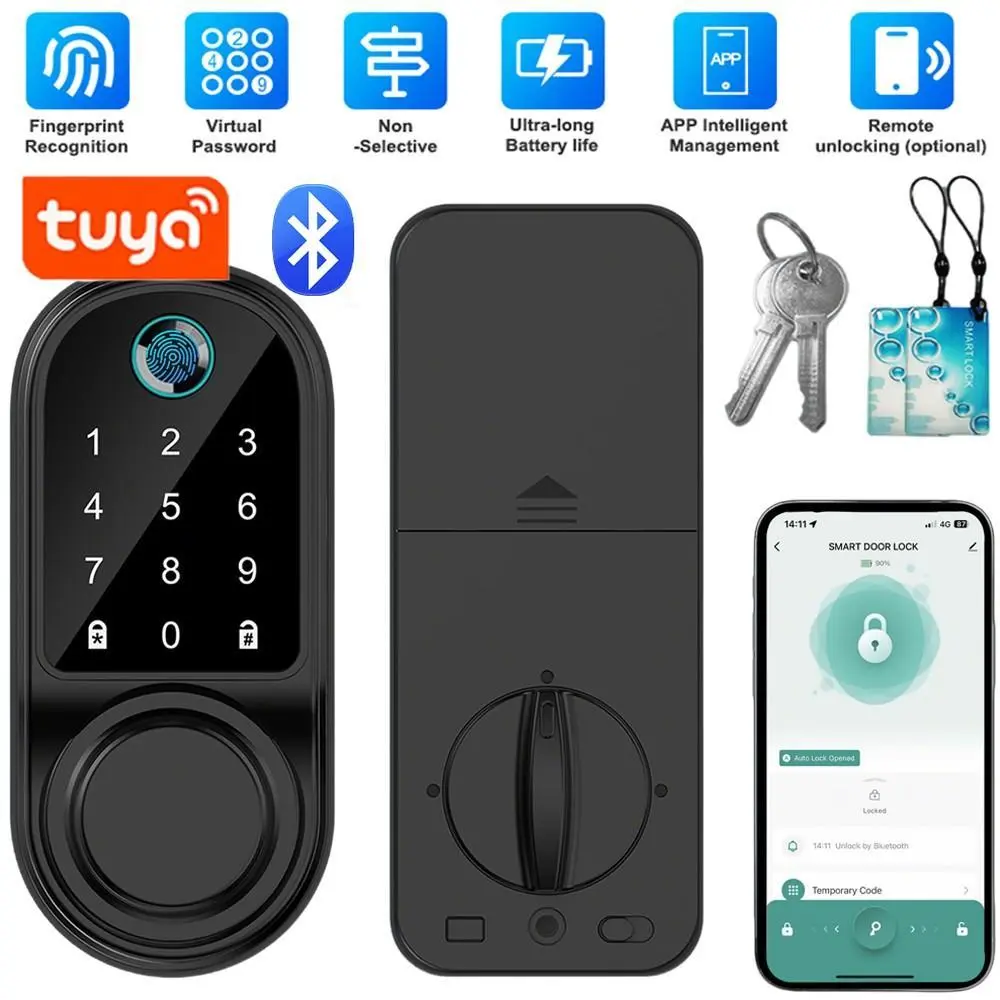 【BackToSchool】Aluminum Alloy Smart Door Lock with Keypad Handle - High-Sensitivity Fingerprint, Card, Key Unlocking, Integrated Type-C Port, Low-Battery Alerts, 155*68mm Front, Batteries Included, Full Kit - Smart Home Gadgets for Indoor Door Security, Co