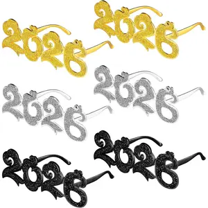 6 Pairs 2026 New Year Eve Glitter Number Supplies 2026 Funny Novelty for New Year Celebration Favor Costume Photo Props Decoration(Gold, Silver, Black)