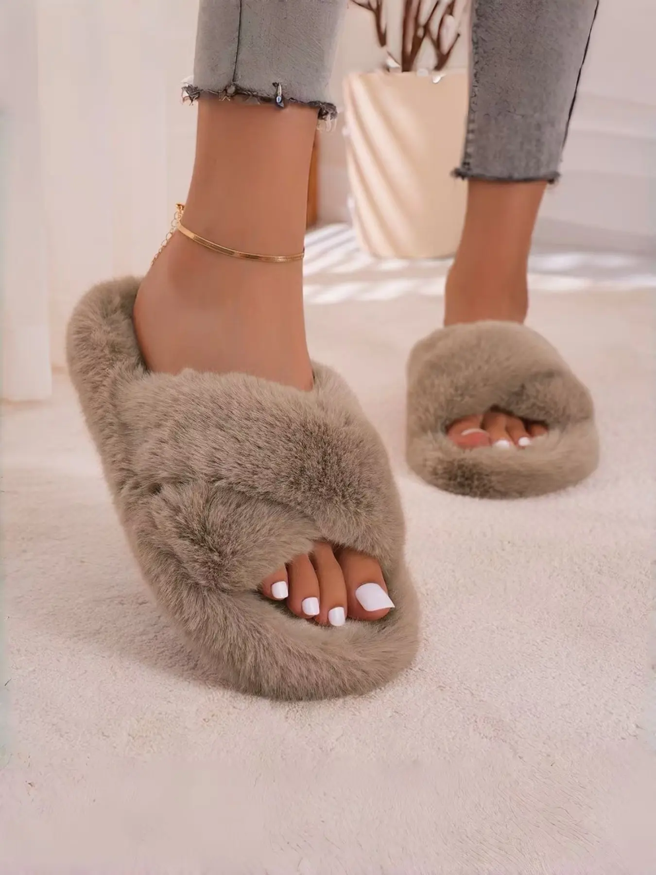 Women's Plush Cross Strap Slippers, Thick Sole, Warm Comfortable Non-Slip Indoor Outdoor Shoes, Fall Winter Wear