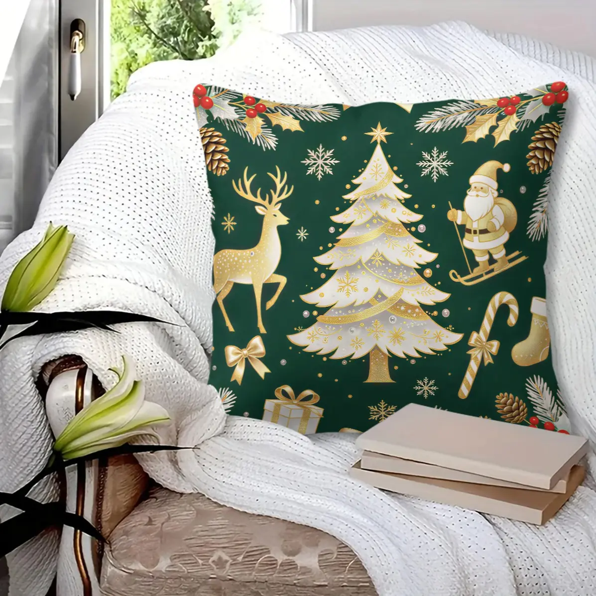 Starry Christmas Throw Pillow, elk tree santa snowman multi-style print, soft cozy seasonal home cushion (with insert)