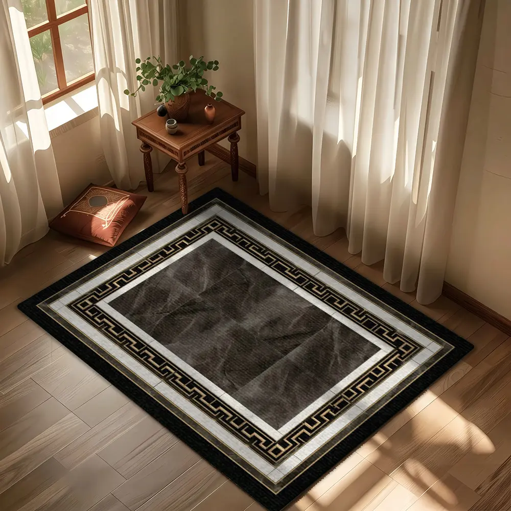 Flannel Grey Marble Gold Greek Key Border Area Rug, Luxury Classic Texture Carpet Indoor Entryway Rug for Living Room Entryway #LuxuryAreaRug #MarblePatternRug #GreekKeyBorder #FlannelRug #ClassicHomeDecor