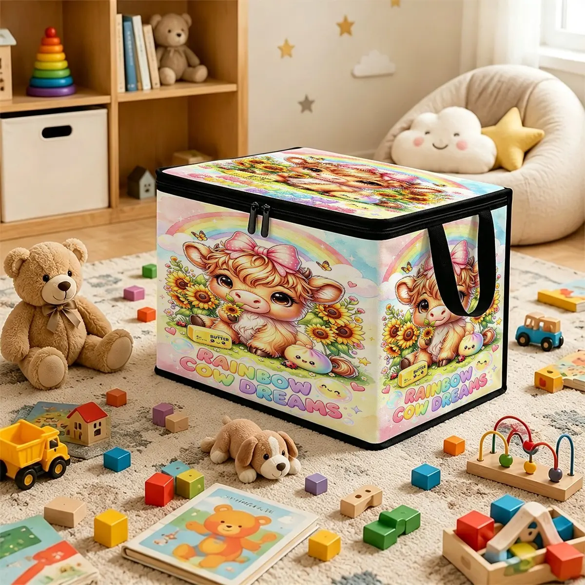 Rainbow Cow Dream Storage Box with Zipper Lid, Foldable Organizer for Books, Bed Underneath, Office, Home, Closet, Small Tools, Foldable Storage Containers