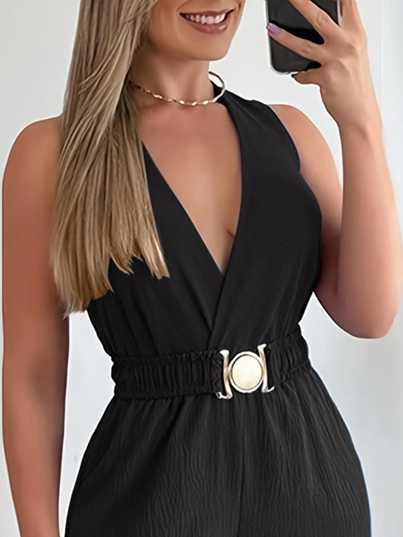 Women's Solid Belted Jumpsuit, Casual Sleeveless V Neck Jumpsuit for Summer, Women's Clothes for Daily Wear, Ruched Belted Jumpsuit