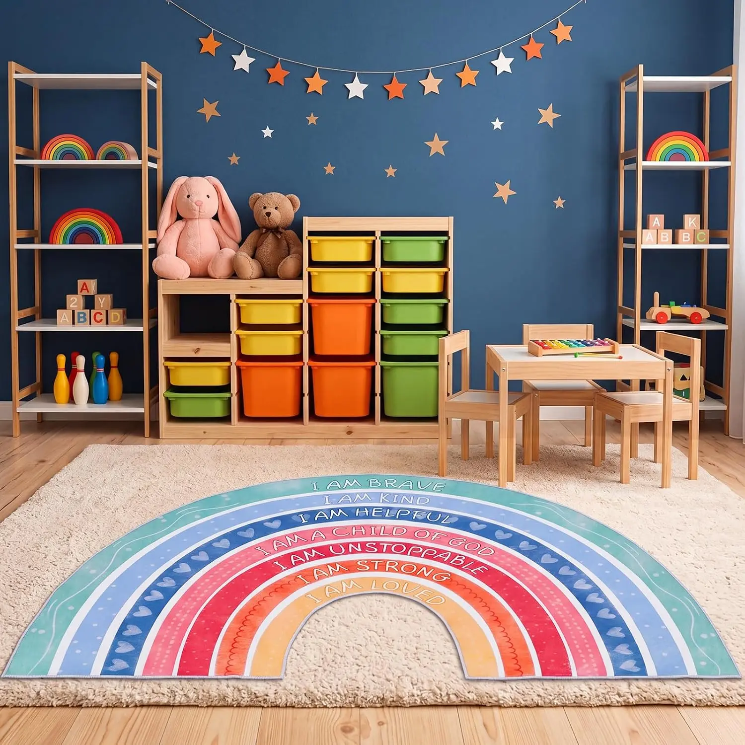Rainbow Classroom Rug 3.8’X 7.6' Washable Large Area Rug Boho Calming Corner Rugs for Room, Soft Non-Slip No Shedding Carpet Rugs for  Classroom Playroom Reading  Decor
