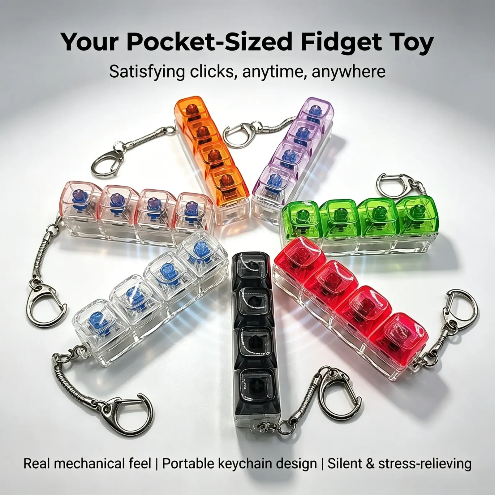 Mini 4 Keys Mechanical Switch Fidget Clicker Keychain Stress Relief Sensory Toy for Kids and Adults Office Desk Anti Anxiety Fidget Keyboard Toy