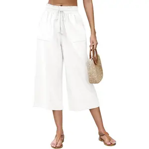Women's Linen Capri Pants Wide Leg with Drawstring Elastic Waist Casual Cropped Pant