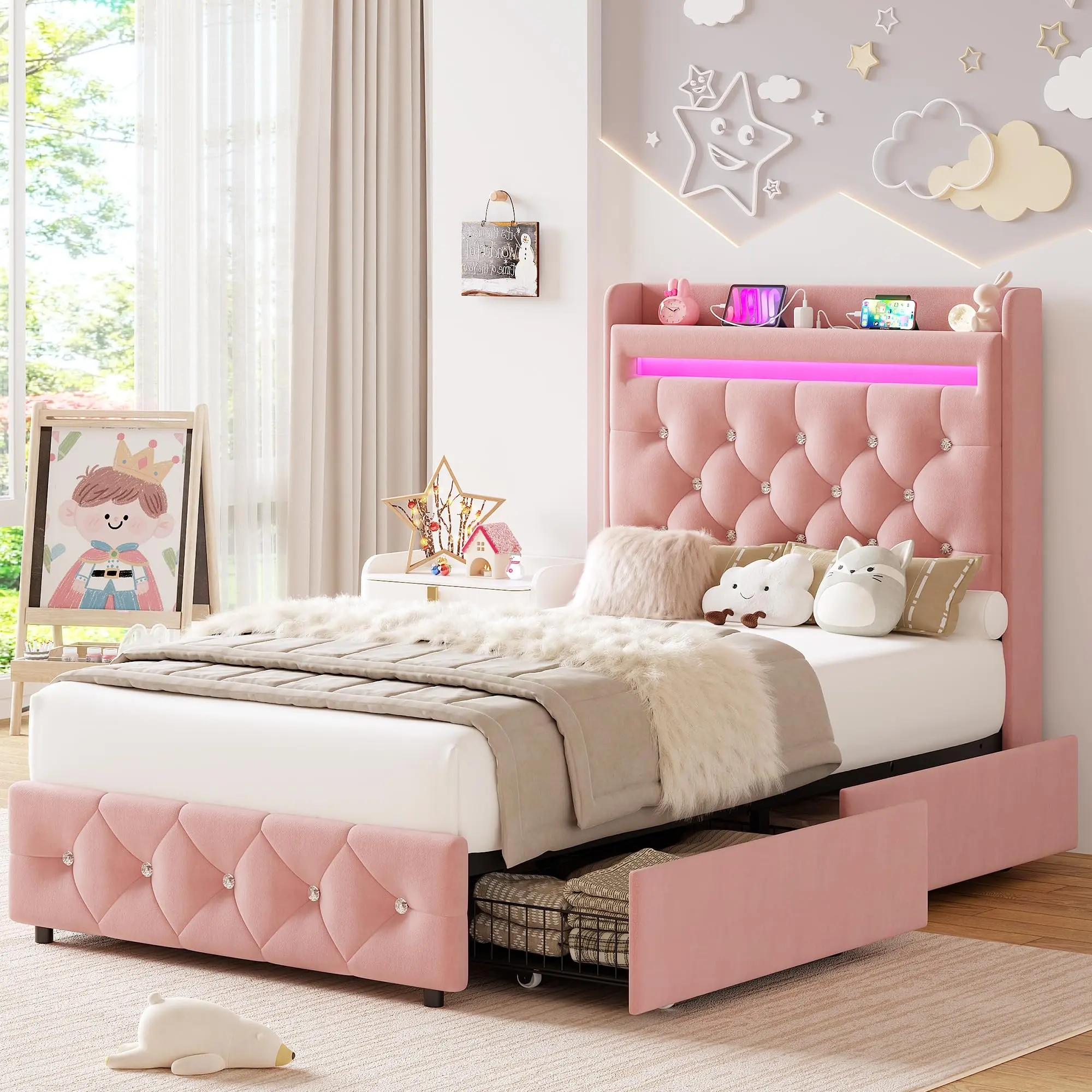 Twin/Queen/Full Upholstered LED Bed Frame, Velvet Princess Wood Support Platform Bed Frame with Storage Headboard, Charging Station & 2 Drawers for Kids