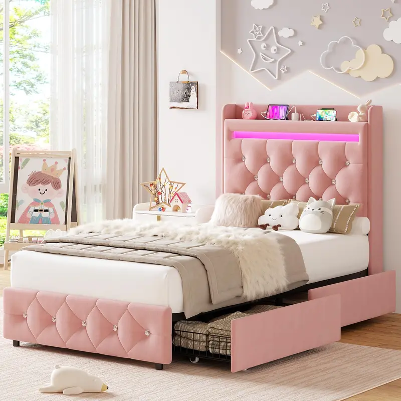 Twin/Queen/Full Upholstered LED Bed Frame, Velvet Princess Wood Support Platform Bed Frame with Storage Headboard, Charging Station & 2 Drawers for Kids