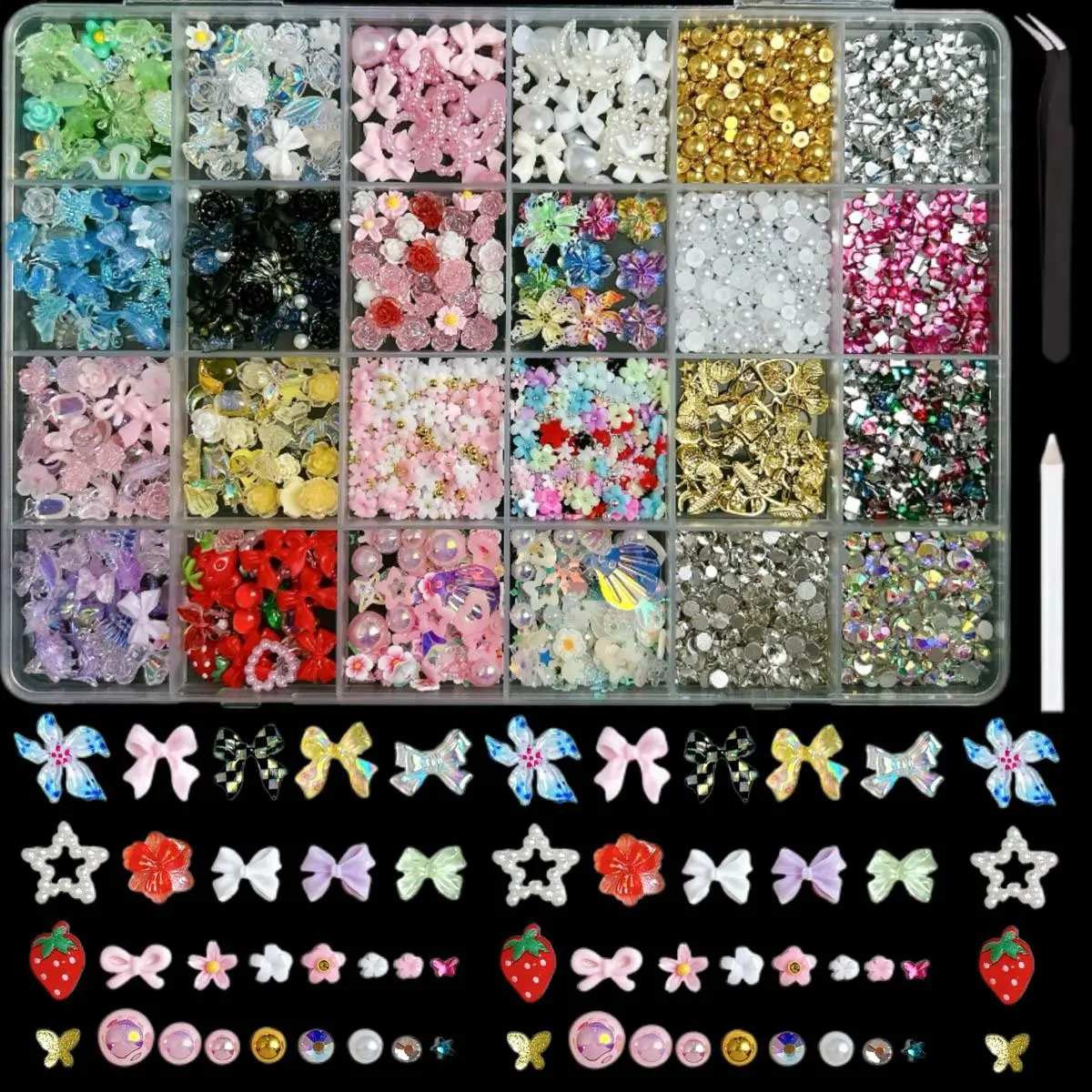 24-Piece Nail Art Decor Set, 3D Multicolor Nail Charms, Includes Rhinestones, Pearls, Butterflies, Flowers, Strawberries, Stars, Moons