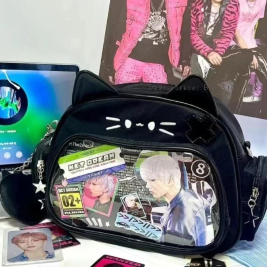 Y2K Korean Cute Cat Ita Bag Japan Kawaii PU Crossbody Bag Girls Transparent Pocket Harajuku Shoulder Bag Silver Fashion Backpack