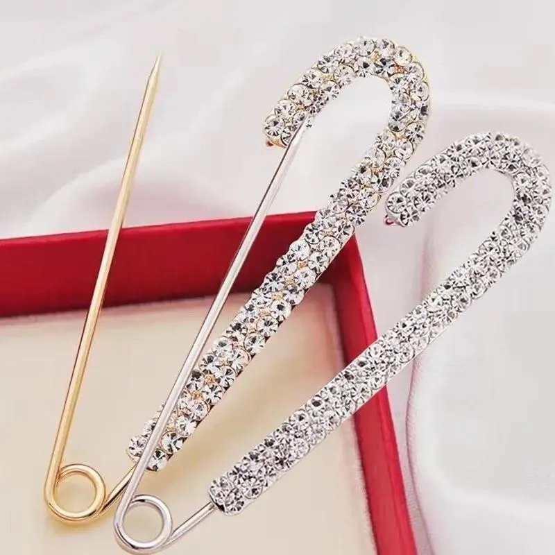 Luxury Elegent Gold Color Crystal Zircon Pins Fashion Women Rhinestones Brooches Safety Metal Pin Shawl Scarf Jeans Buckle Party