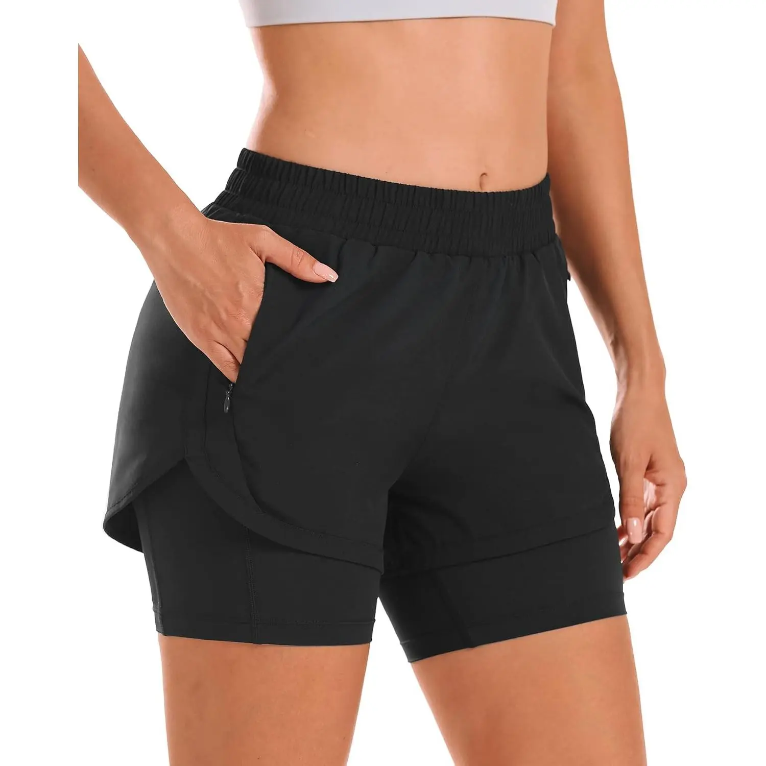 Women 2 in 1 Running Shorts High Waisted Athletic Shorts Gym Workout Shorts with Liner Zipper Pockets