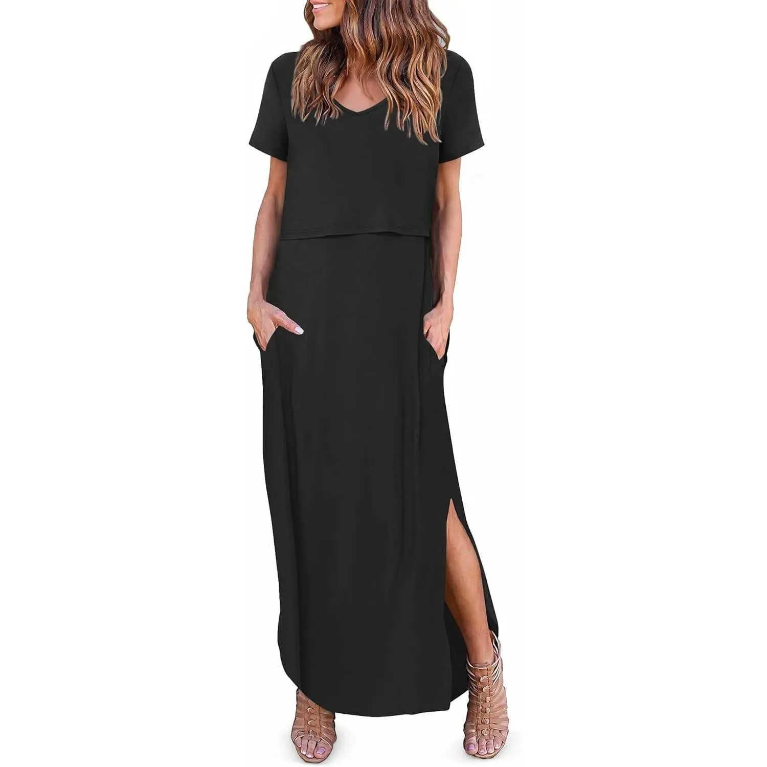 Women's Nursing Dress Summer V Neck Short Sleeve Maternity Split Long Dresses for Breastfeeding with Pockets S-XXL(Gift)