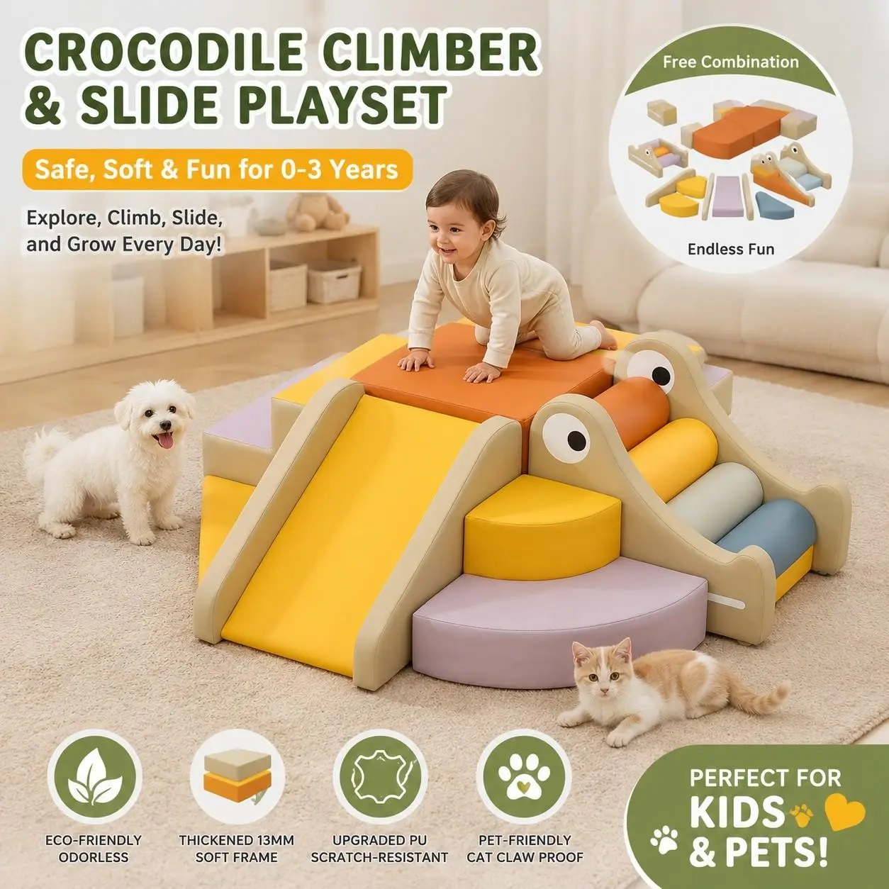 F Cute Crocodile Slide Toy for Babies Aged 0-3 Years, Safe Odor-Free Build, Epe Core & PU Leather, Perfect Gift for Kids' Exploration Fun