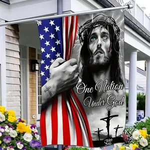 Patriotic Christian Flag - Jesus Holding US Flag, "One Nation Under God" Banner with Crosses, 2x3ft & 3x5ft Lightweight Flag for Home, Yard & Religious Patriotic Use
