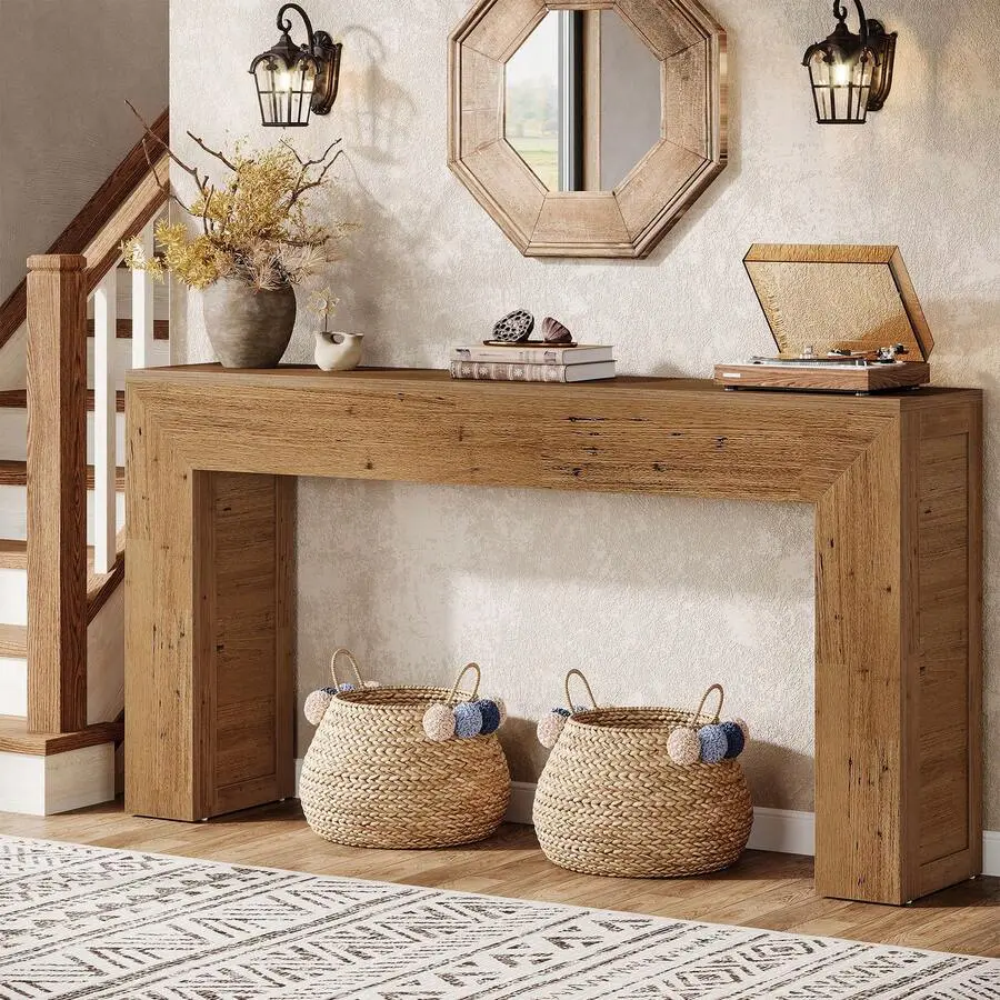 Brown Farmhouse Console Table, 63-Inch Long Narrow Entry Table Behind Couch, Hallway, Foyer, Or Living Room