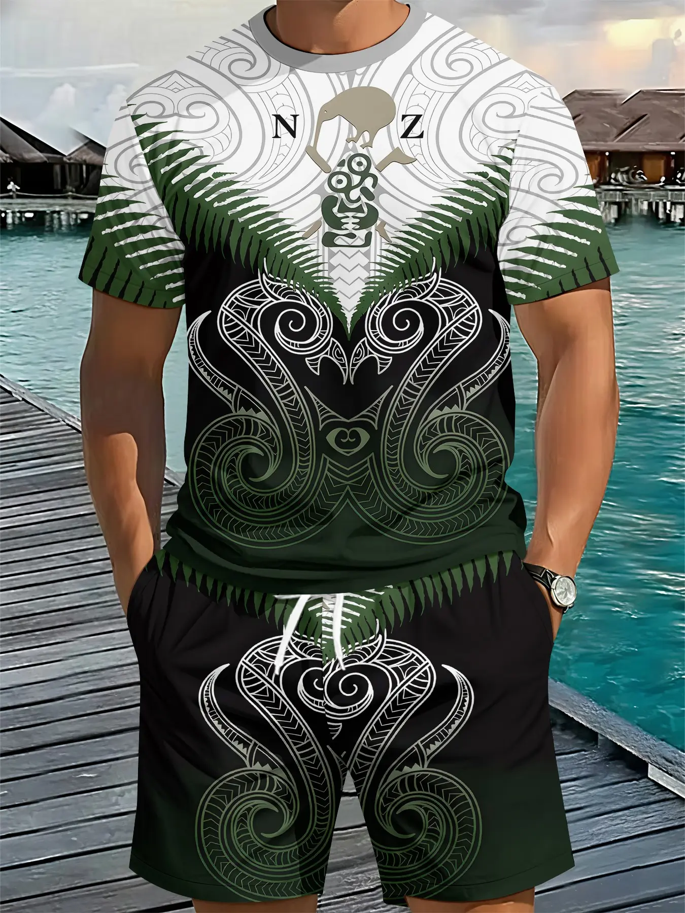 Men's 3D Digital Printed Two-Piece Set with Ethnic Spiral Totem and Silver Fern Leaf, 2Pcs, Fashion Trendy Outfit, Retro Casual Two-Piece Suit, Trendy Vacation Wear, Breathable Sports Casual Style, an Excellent Holiday Gift for Men