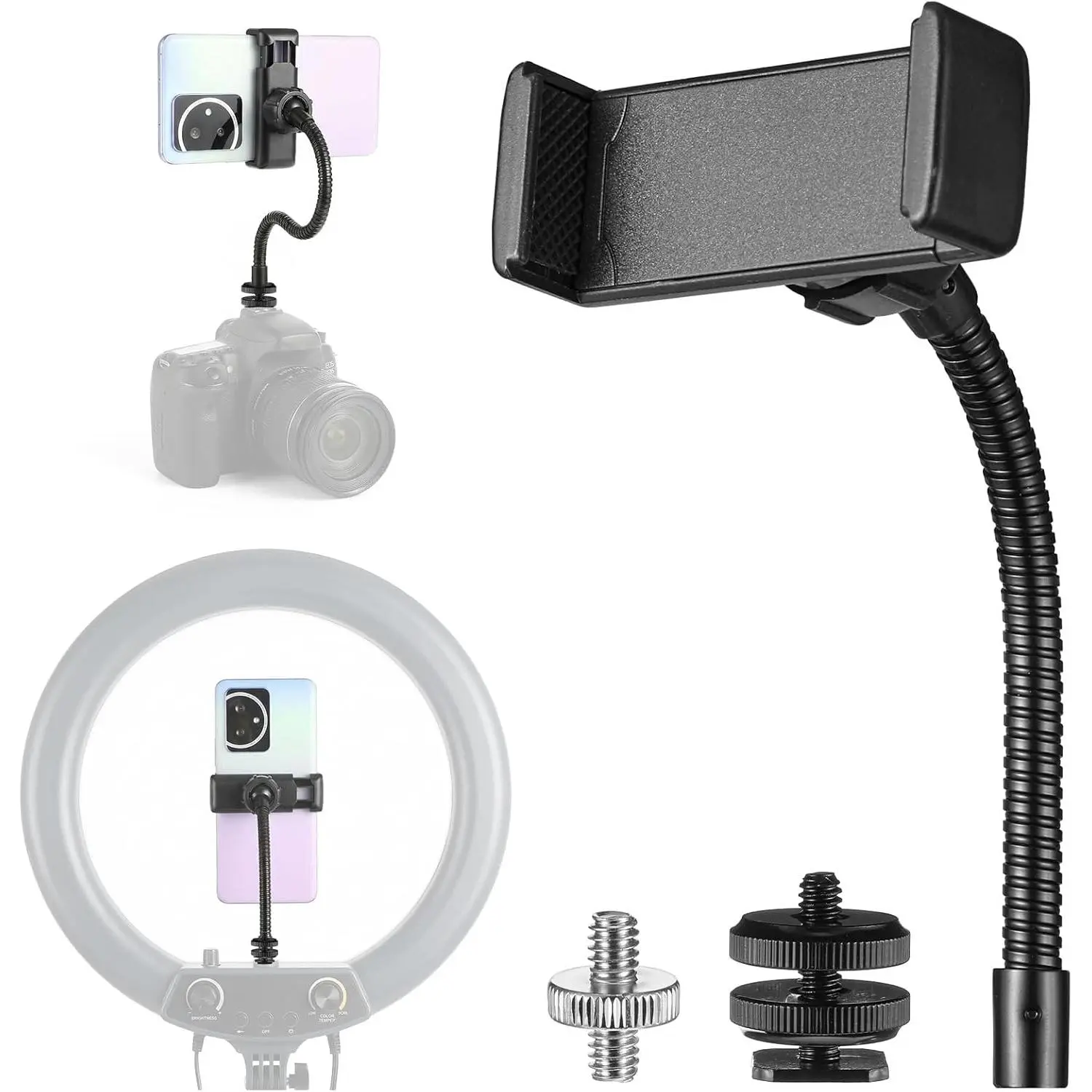 Flexible Phone Mount for Ring Light, Flexible Cell Phones Tripod Mount Adapter, Ring Light Phone Holder Attachment, RingLight Phones Holder  Clamp with 1/4 and Hot Shoe Adapter