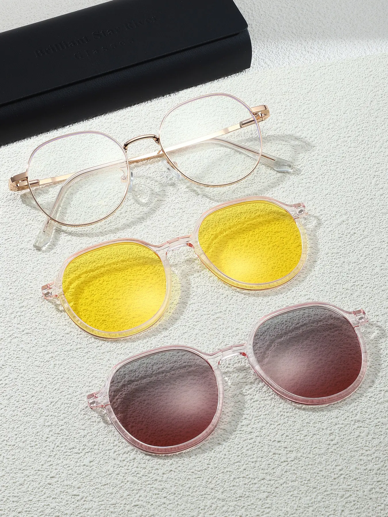 3 in 1 Magnetic Clip On Glasses Set, Blue Light Blocking Clear Lens , Metal Frame Sunglasses with Case, Unisex Travel Eyewear，Gift glasses case