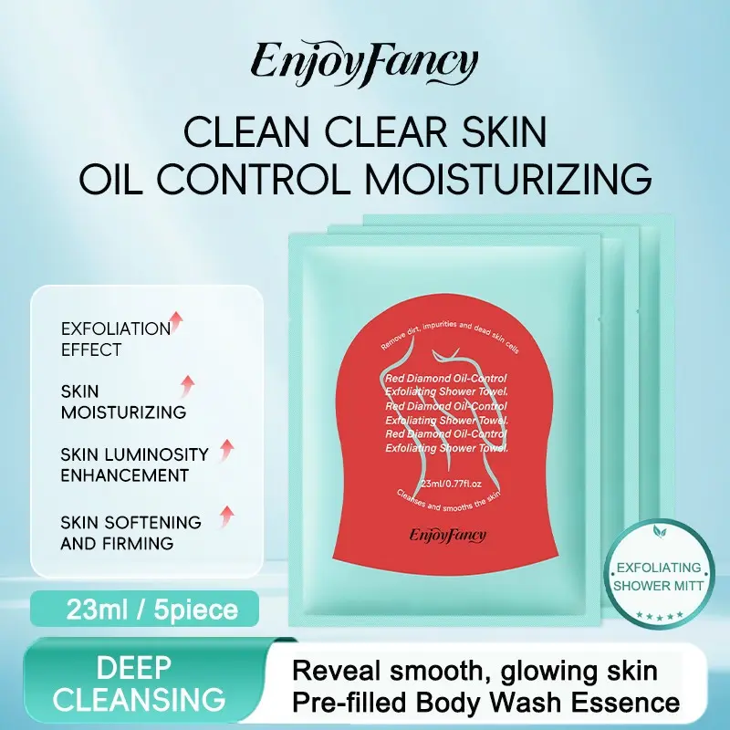 5 Pcs Red Diamond Oil Control Exfoliating Shower Mitt, Pre-filled Body Wash Essence for Shower, Remove Keratin & Rough Skin, Refreshing Skin Cleansing