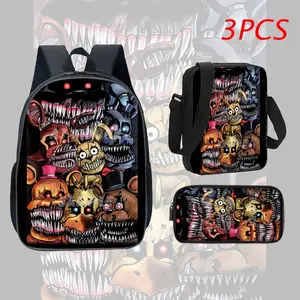 Waterproof 3-Piece Oxford Backpack Set, Insulated Lunch Bag Pencil Case, Five Nights at Freddy's Sharp-Toothed Nightmare Animatronic Horror Print, Breathable Padded Straps for School Daily Outings