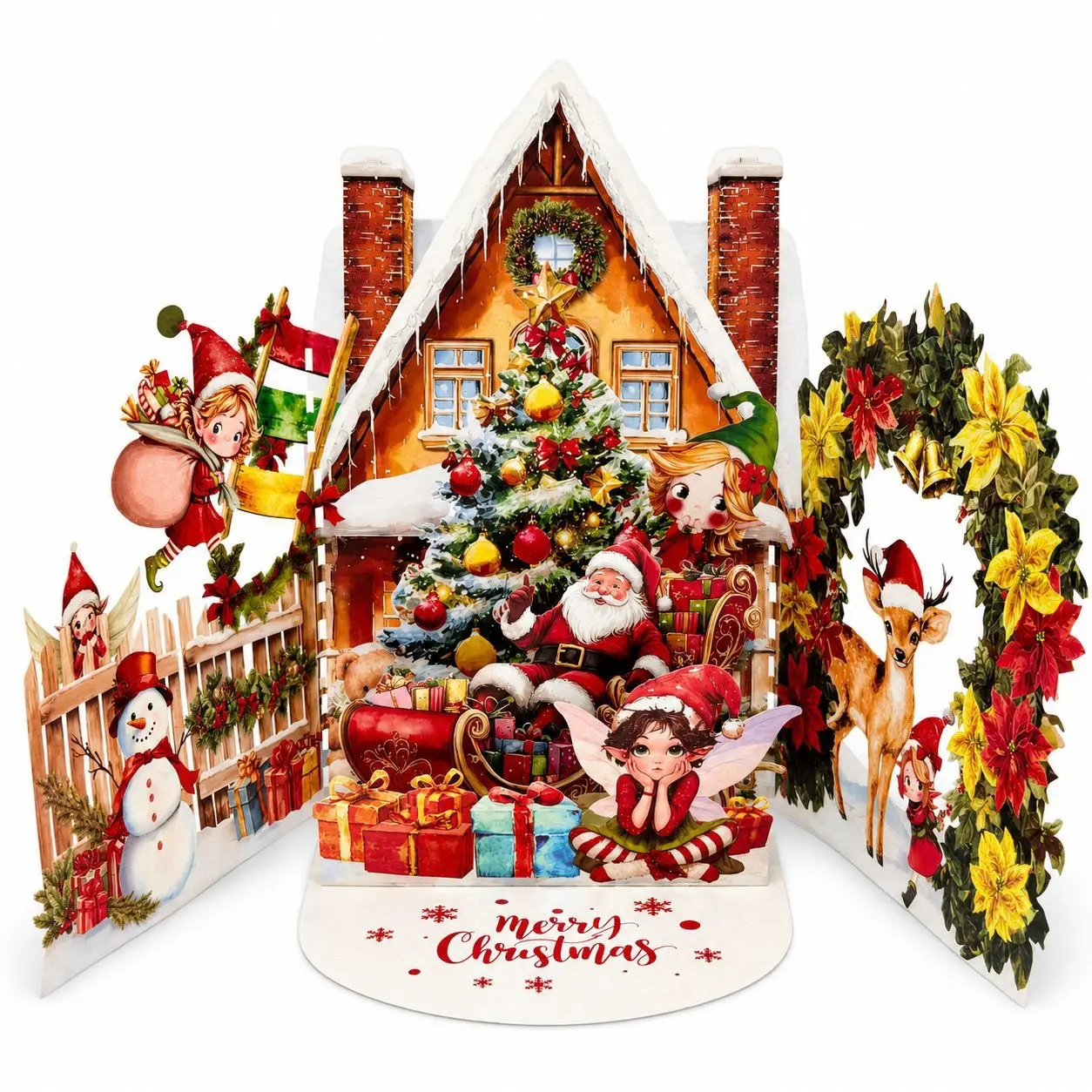 3D Christmas Pop-Up Card Santa Cabin & Elves Scene, Festive Greeting Card with Envelope, Xmas Gift for Family Friends, Holiday Wishes Decor