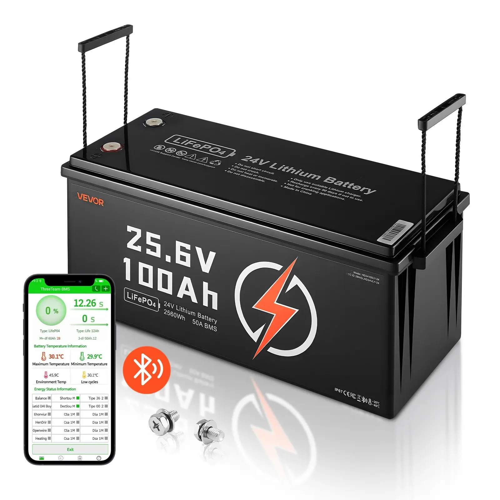 VEVOR 24V 100Ah LiFePO4 Lithium Battery, Bluetooth-Enabled Deep Cycle Rechargeable Battery with Built-in 50A BMS, Low Temp Protection, 4000+ Cycles, 2560Wh Max for RV, Camper, Marine Use, Trolling