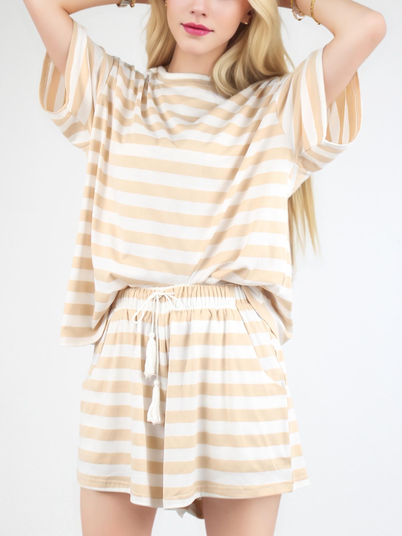 Women's Striped Print Top & Shorts Relaxed Fit Loungewear Two-piece Set, Casual Round Neck Short Sleeve Top & Drawstring Waist Shorts Pj Set, Ladies Summer Sleepwear, Striped Print Bottoms, Pastel Cute Pajamas, Pastel Pj Set