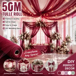 Burgundy Tulle Fabric Roll 50M Wedding Backdrop Sheer Draping DIY Party Event Decor Party Decoration Supplies