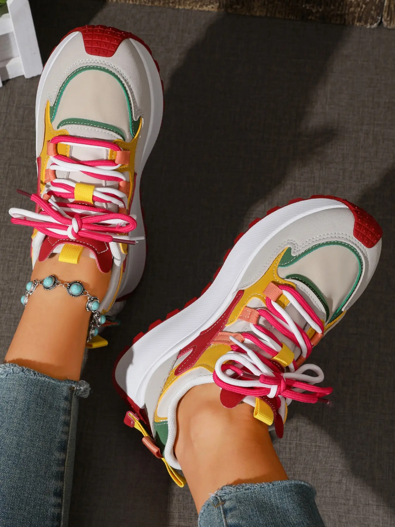 New Women's Rainbow Patchwork Dad Shoes, Waterproof Anti-Slip Breathable, Comfortable Lightweight, Trendy Casual Sports Shoes, Casual Sporty Trainers