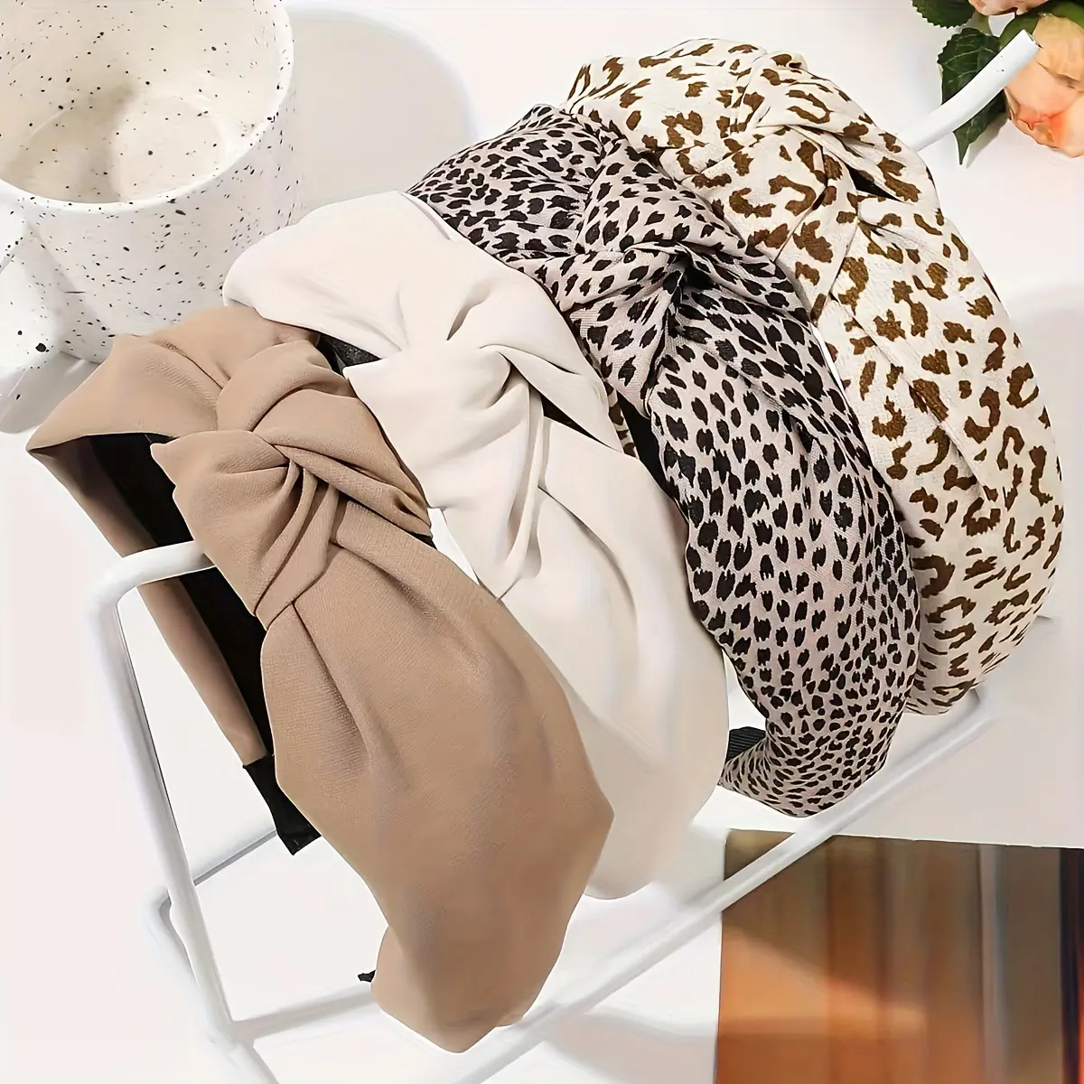 Unisex Leopard Print Knotted Satin Headband - Textured Wide Band, Secure Fit, Texture Finish, Versatile Wear for Casual Outings