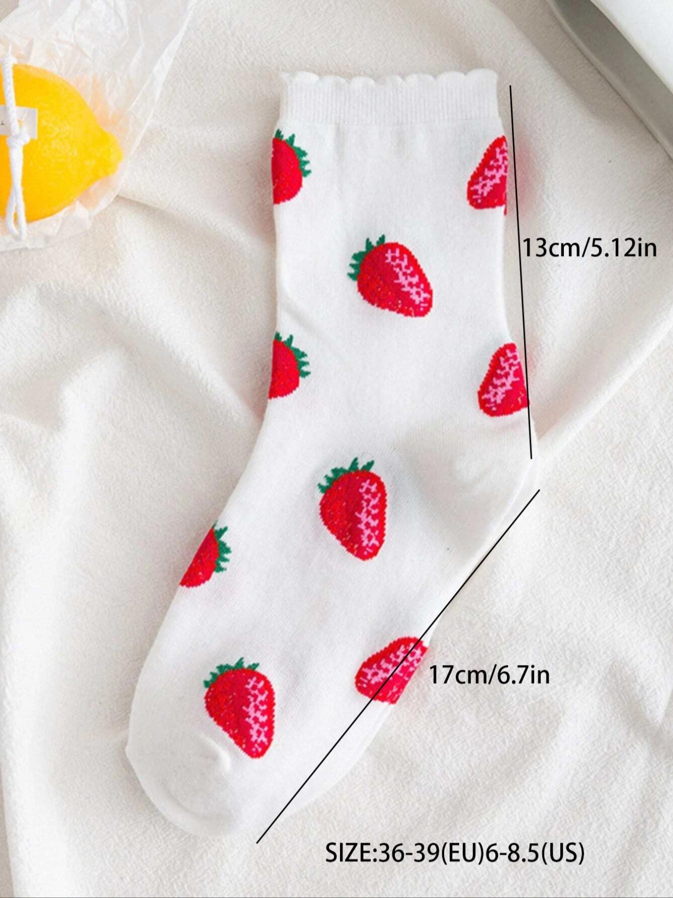 Women's 2 Pairs Strawberry Print Jacquard Crew Socks, Fall Wear, Fallfreshness Casual Moisture Wicking Socks, Soft Comfy Breathable Socks For All Seasons Daily Wear, Womenswear, Sock Set