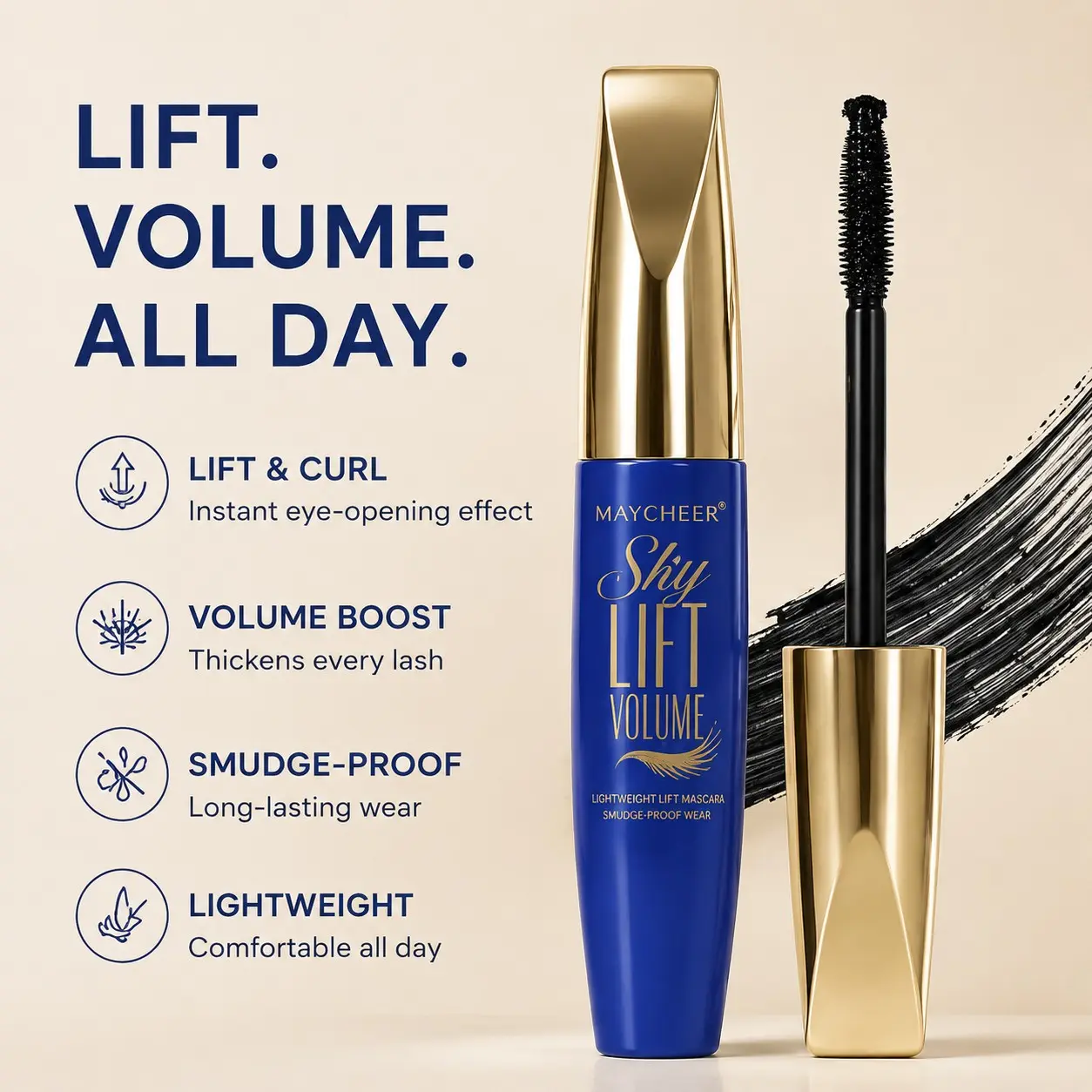 Maycheer Volumizing Mascara 6g/0.28oz, Curling and Thickening, Waterproof and Smudgeproof, Long-Lasting and Lightweight, 1pc