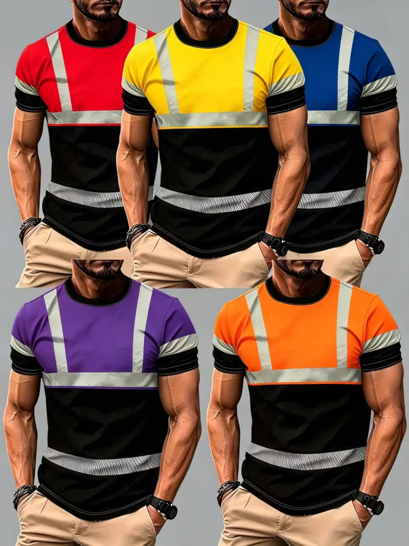 Men's Breathable Short Sleeve Workwear, 5-Pack Reflective Safety Vest, Construction Site Protective Top, Casual Fitted Graphic Tee