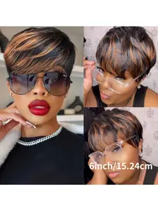 Glueless Short Pixie Cut Wig for Black Women Human Hair, Layered Pixie with Bangs, Black & Blonde 1B/30# Brazilian Virgin Hair, Brazilian Hair Wigs, Soft Bouncy Curls, Wear & Go, Perfect for Daily, Party & Looks