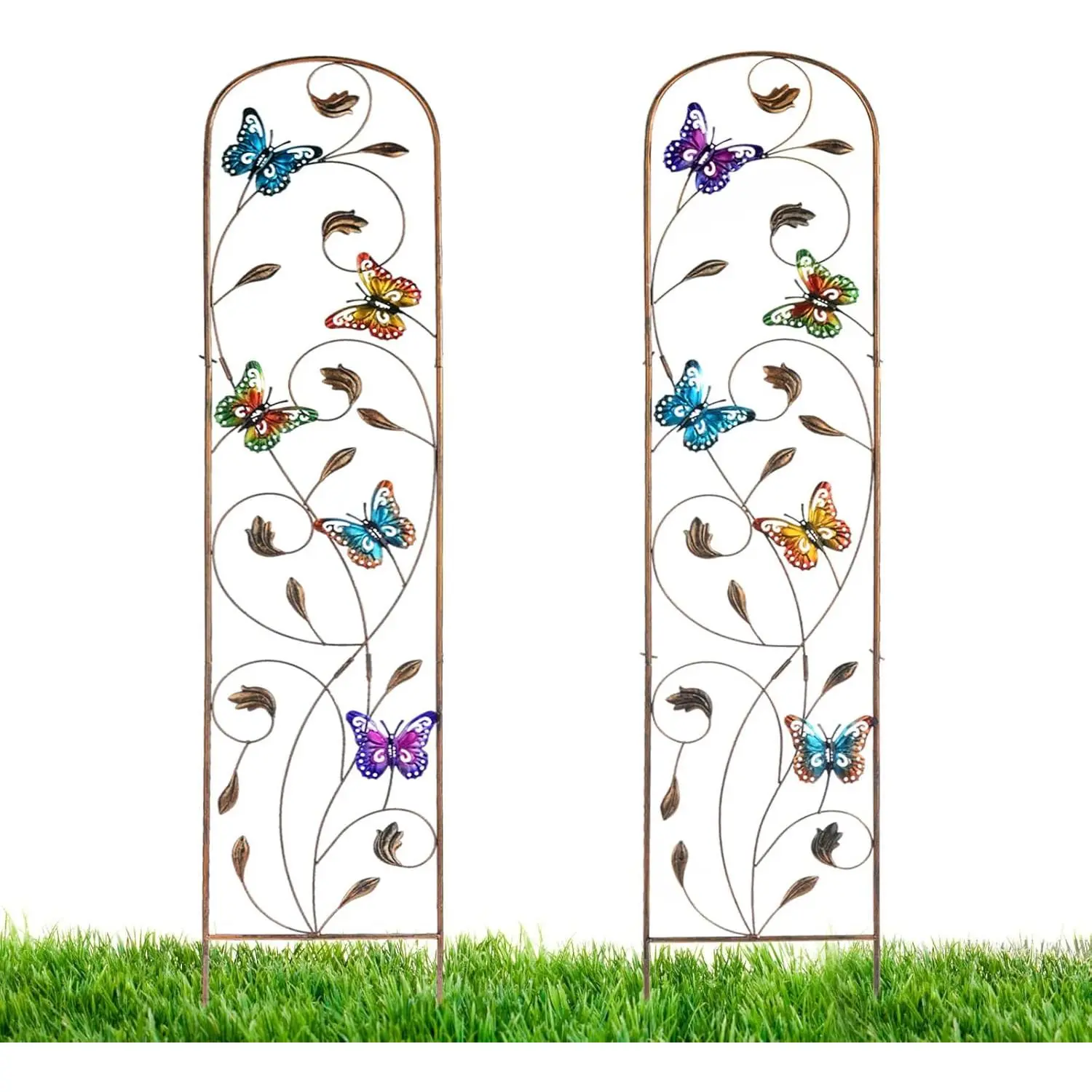 2 Pack Metal Garden Trellis with Colorful Butterfly 60 Inch High Outdoor Decoration Arched Fence Trellis for Climbing Plants for Patio, Lawn, Yard, Backyard, Wall Brackets