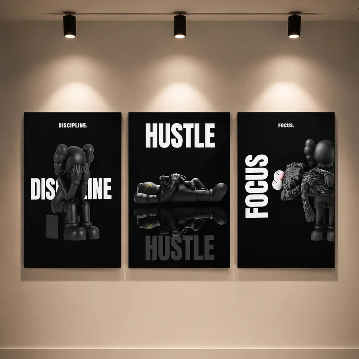Set of 3 Black Motivational Canvas Prints - Hypebeast Black Man Wall Art Posters, Modern Streetwear Decoration, Discipline Hustle Focus Office Man Cave Gym Decor, Inspirational Gift for Urban Home