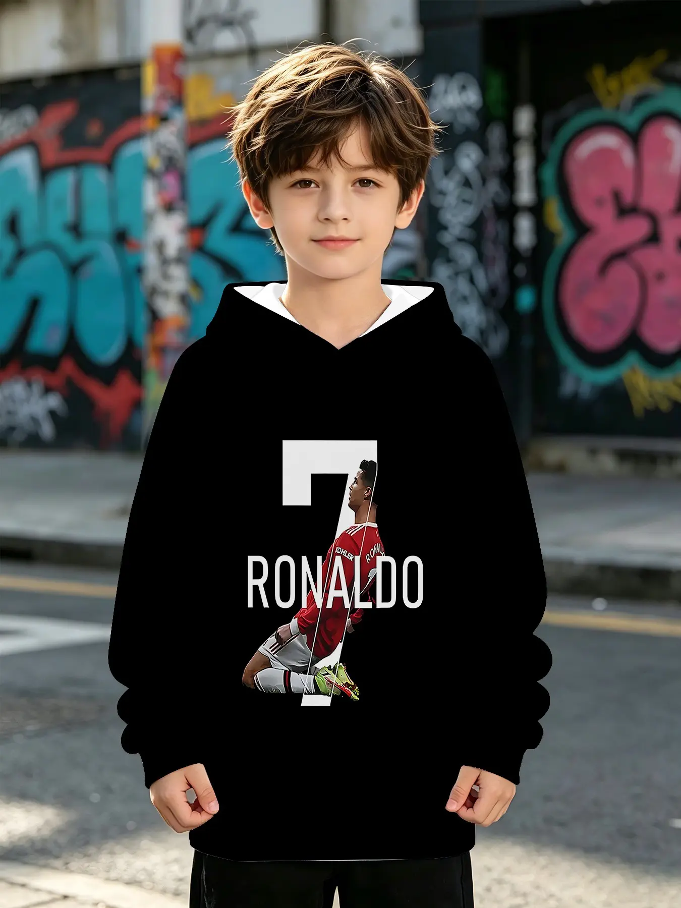 C Ronaldo 7 Football Kids Hoodie, Base Large Number 7 Silhouette, 3D Digital Print, Long Sleeve, Casual Loose-Fit, Fall & Winter