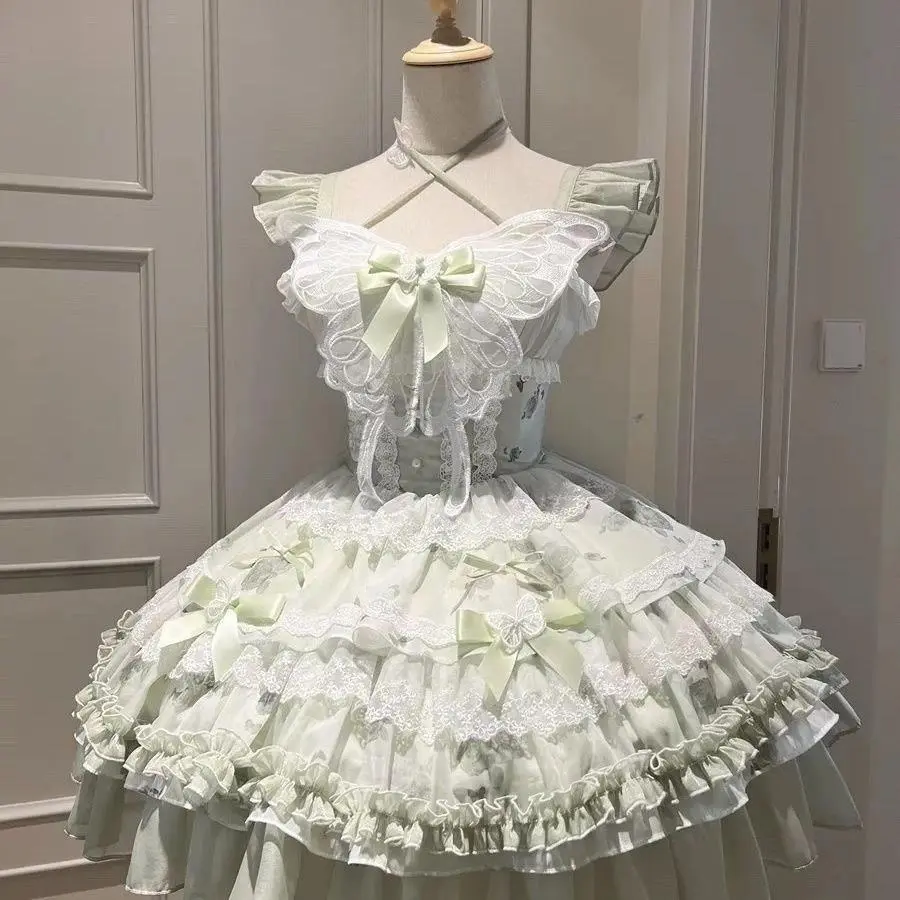 Summer Japanese Style Kawaii Lolita Dress Women Party Vintage Sweet Lace Bow Birthdays Cake Dresses Harajuku Y2k Bandage Dress, Elegant Fashion Dress