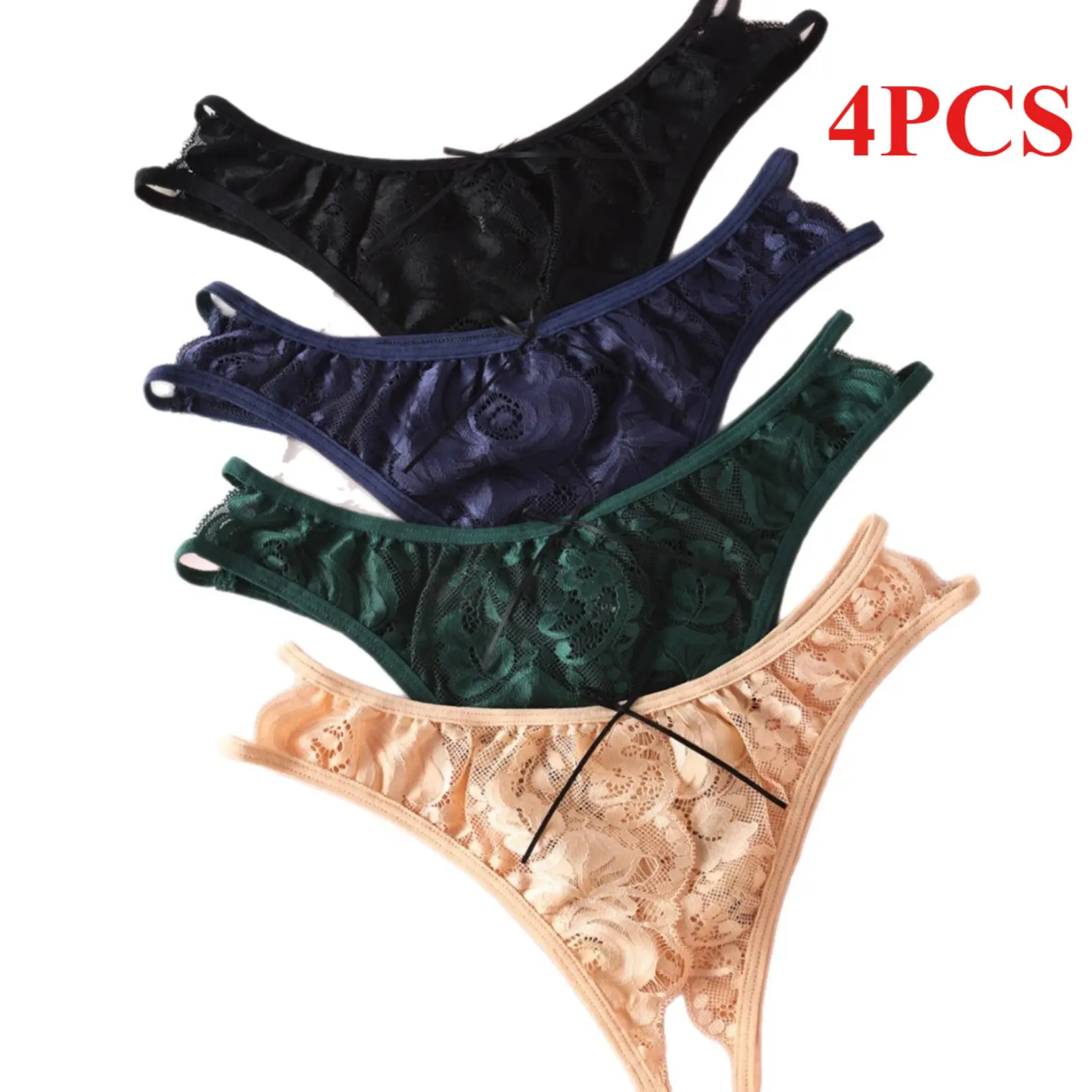 Women’s Basic 4-Pcs Floral Crotchless Panties Set, Soft Polyamide Blend Curve Hug Fit Lingerie, Ideal For Daily Wear & Intimate Couple Moments