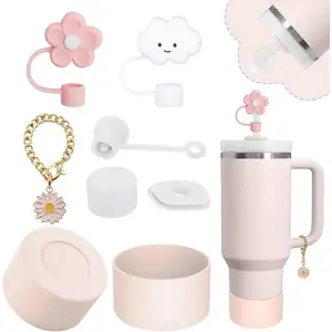 for Stanley Cup Accessories Set, 1 Silicone Boot Fits Stanley 40&30 Oz Tumbler (Rose Quartz), Including 2 Pcs 0.4in Straw Cover, 1 Silicone Spill-Proof Stopper Set of 3, 1 Cute Butterfly Handle Charm