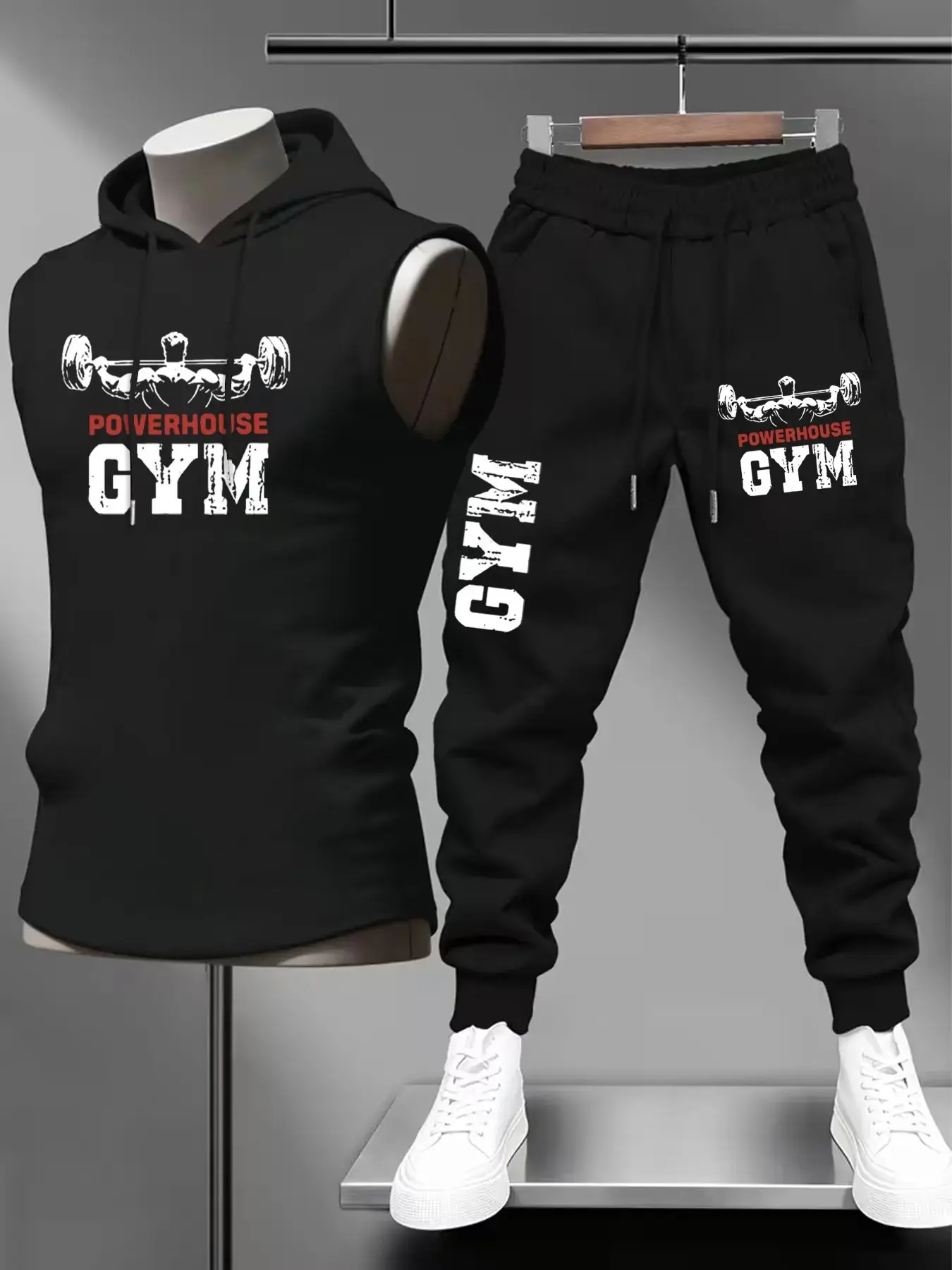 Men POWERHOUSE GYM Sleeveless Hoodie Tracksuit 2 Piece Set Vintage Barbell Print Athleisure Jogger Pants Breathable Soft Functional Activewear Multi Outfit For Gym Workout Streetwear Urban Outdoor Daily Casual One Wear Multiple Looks Comfort Trendy Muscle